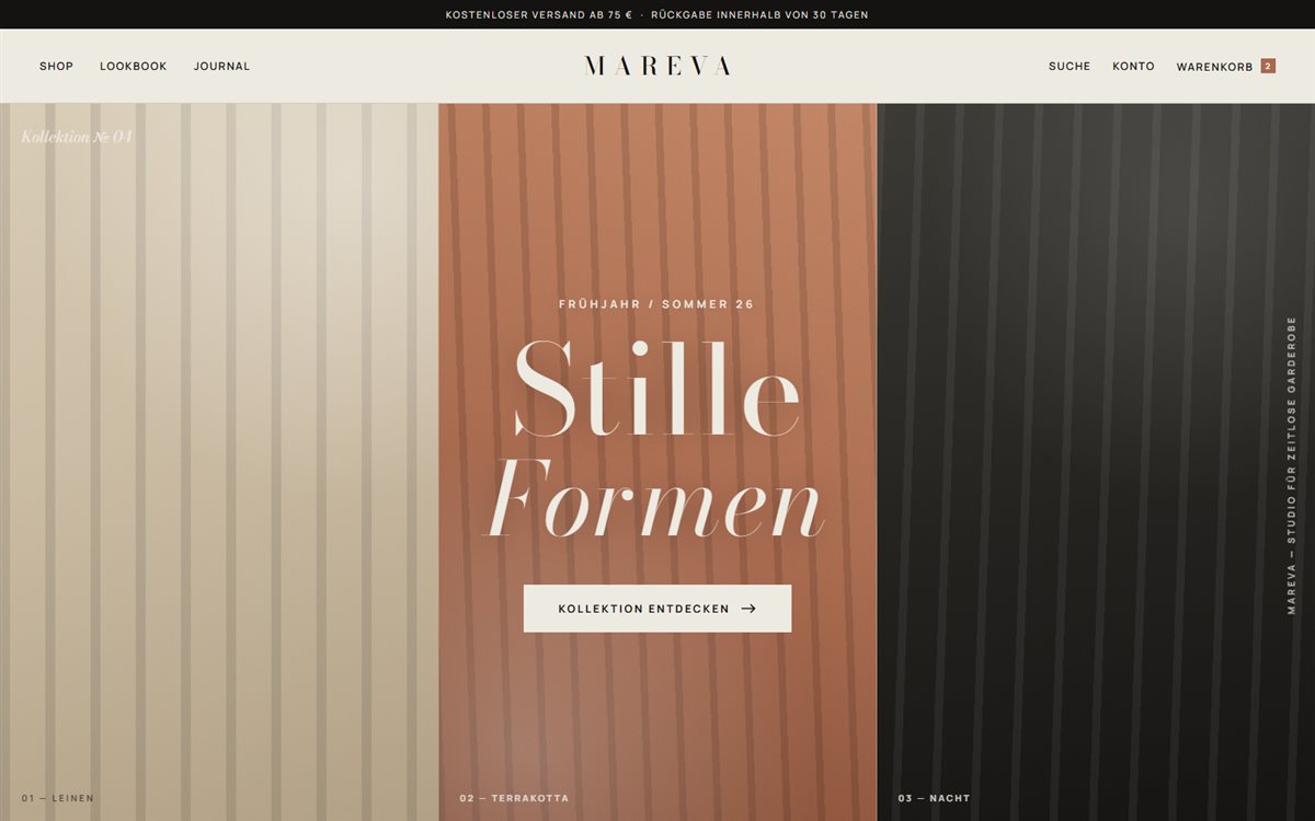 Konzept-Design für ein fiktives Modelabel: editorialer Triptychon-Hero mit Serifen-Typografie