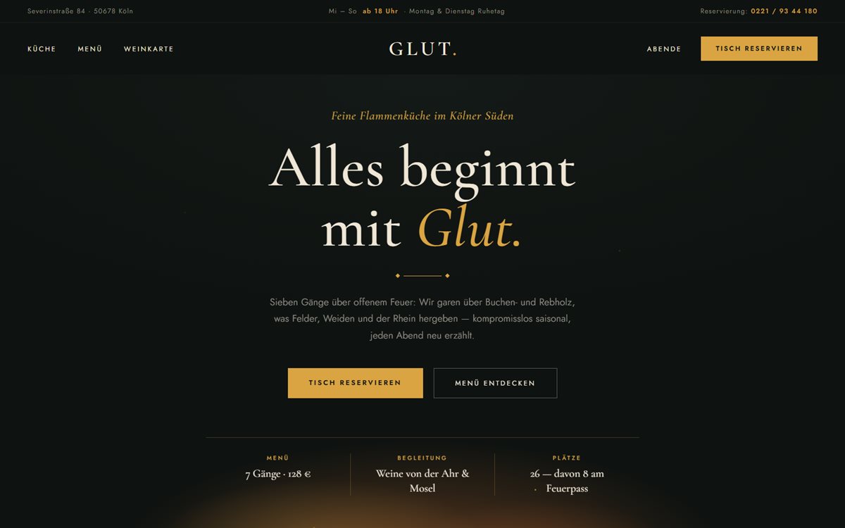 Konzept-Design für ein fiktives Restaurant: dunkles, atmosphärisches Layout mit Gold-Akzenten