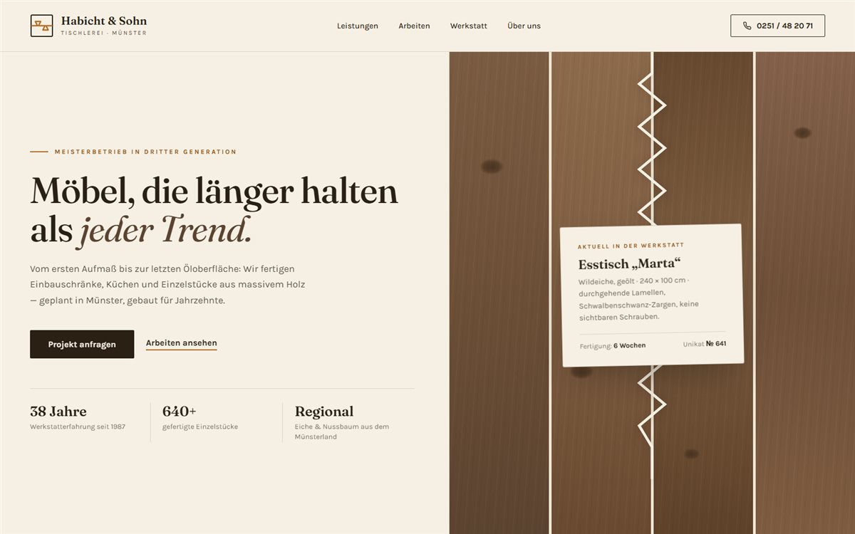 Konzept-Design für eine fiktive Tischlerei: warmes Editorial-Layout mit Holzpaneelen