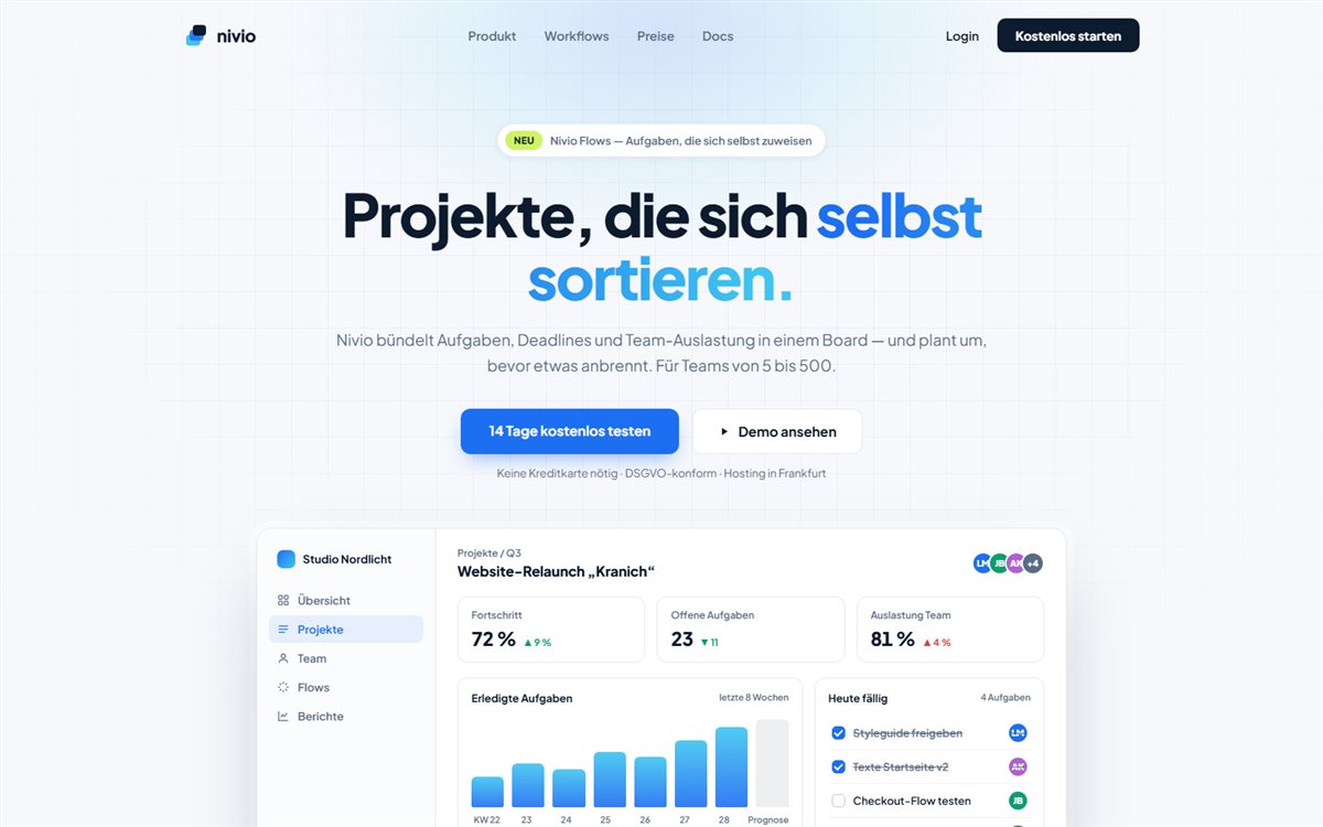 Konzept-Design für ein fiktives SaaS-Produkt: helles Layout mit Dashboard-Mockup